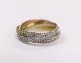 A three colour yellow metal and pave set diamond triple band 'Russian' wedding ring, size Q, gross