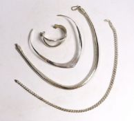 A large continental white metal snake link necklace, 44cm, a silver chain, a silver crossover