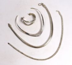 A large continental white metal snake link necklace, 44cm, a silver chain, a silver crossover