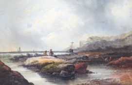 Late 19th/early 20th century school, oil on canvas, Coastal scene with figures collecting shellfish,