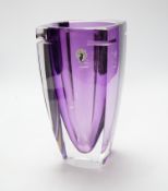 A Waterford amethyst stained square section glass vase, 24.5cm