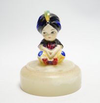 An alabaster pot and cover surmounted with a Royal Doulton figure ‘Boy with Turban’, 14cm high
