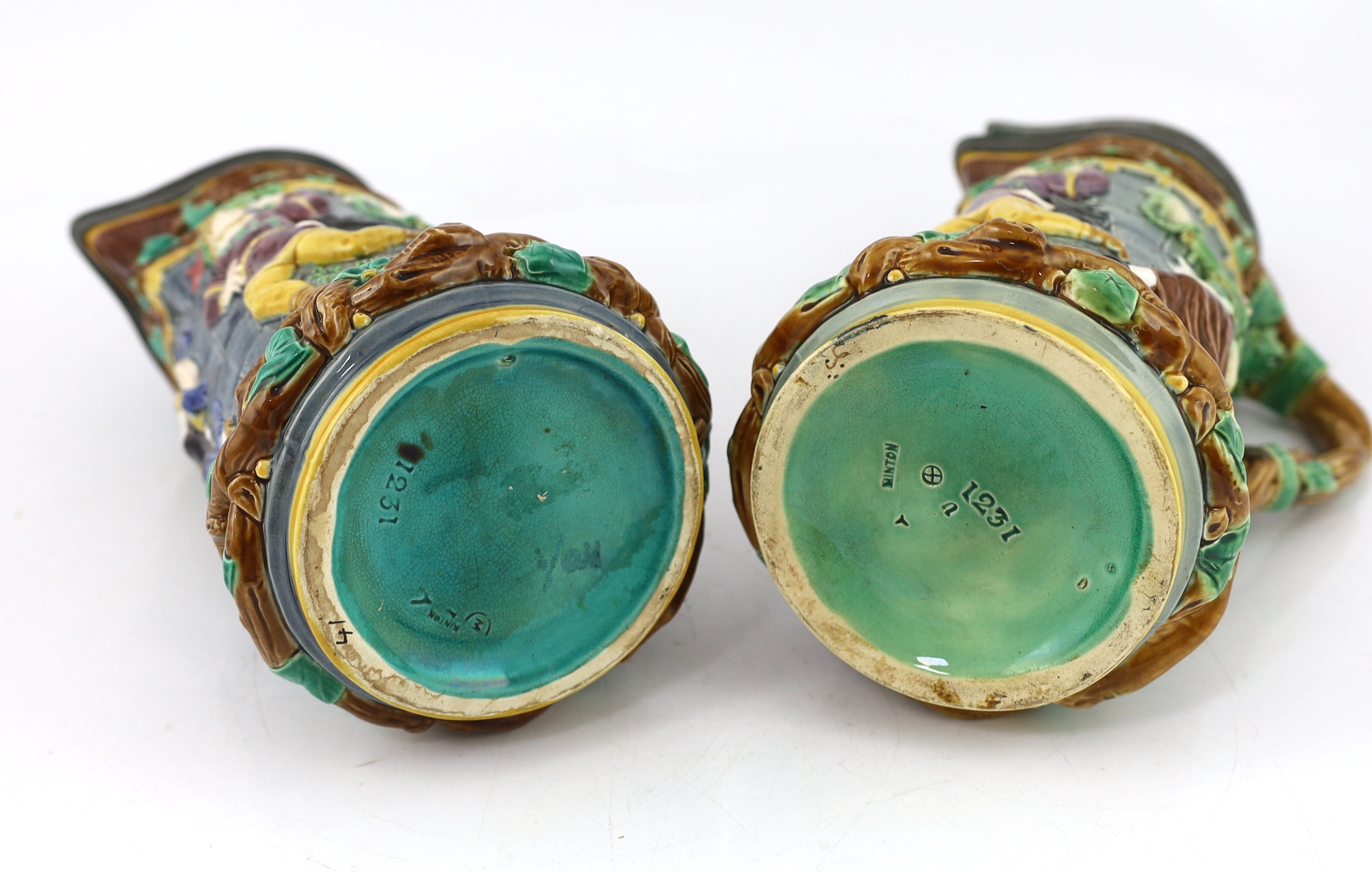 A pair of Victorian Minton majolica ‘Tower’ jugs, 33cm high - Image 5 of 9
