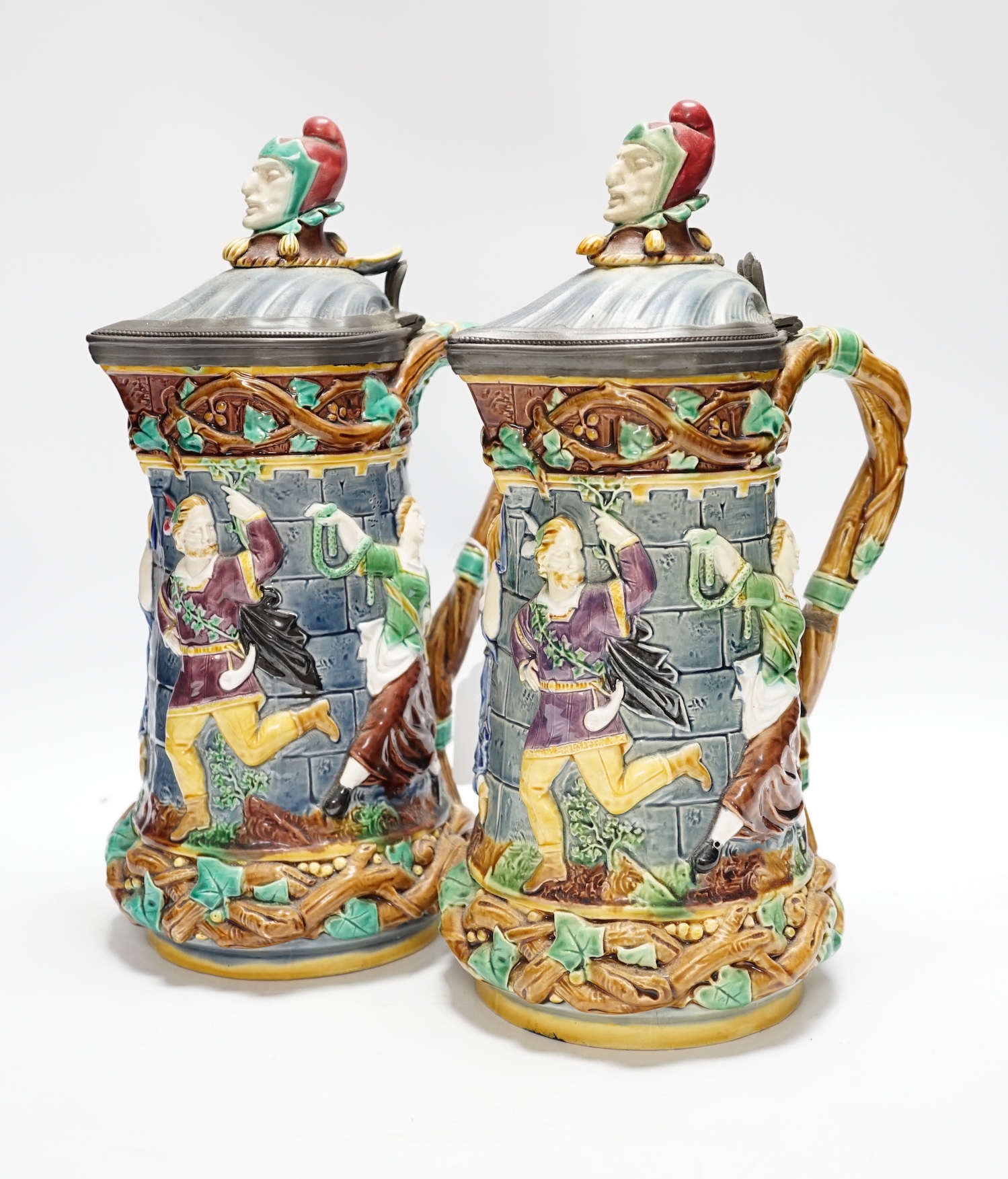 A pair of Victorian Minton majolica ‘Tower’ jugs, 33cm high - Image 6 of 9