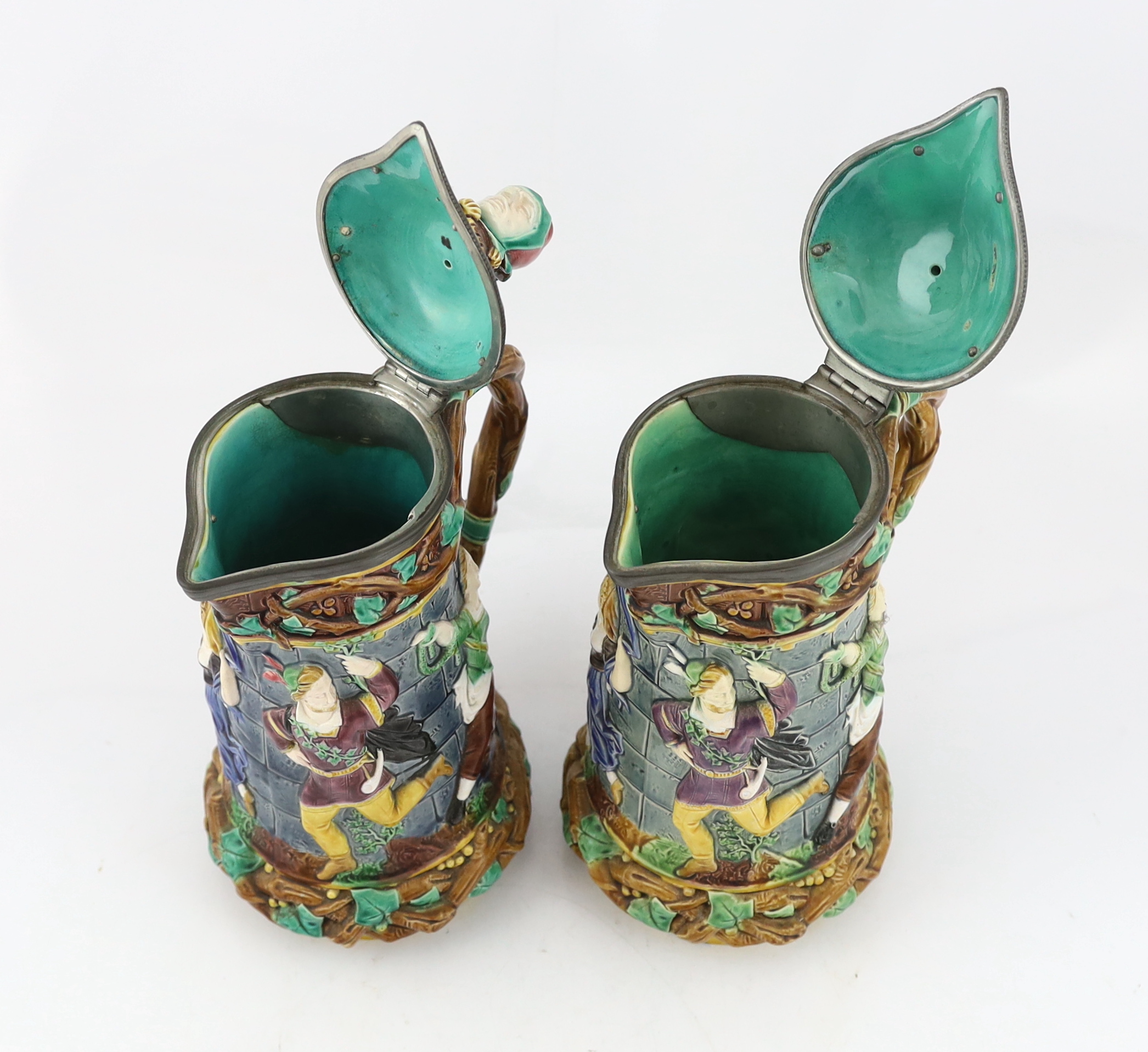 A pair of Victorian Minton majolica ‘Tower’ jugs, 33cm high - Image 4 of 9