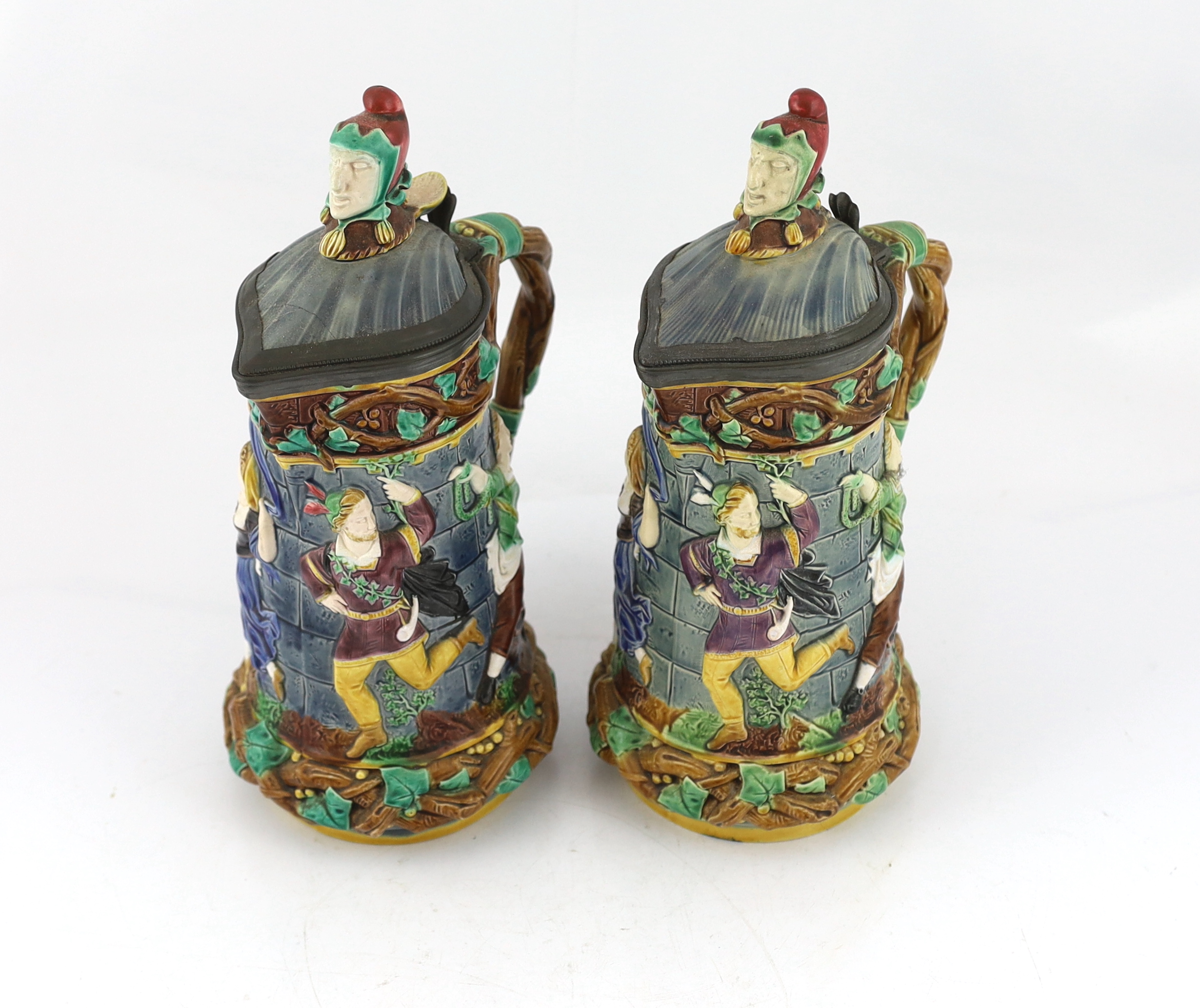 A pair of Victorian Minton majolica ‘Tower’ jugs, 33cm high - Image 2 of 9