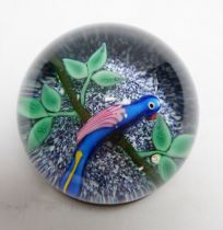 A Paul Ysart ‘blue parrot’ footed glass magnum paperweight, Caithness period, ‘PY’ cane, blue jasper