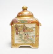 An early 20th century Japanese Satsuma pottery miniature square pot and cover, signed Kinkozan, 6.
