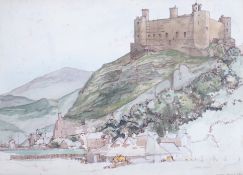 John Lewis Stang (fl. 1931-1955) ink and watercolour, Harlech Castle, signed and inscribed, 20 x
