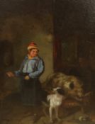After George Morland (1763-1804), oil on oak panel, Interior with a figure preparing to butcher a