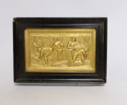 A 19th century gilded gesso and wood panel of harvesters, 15 x 22cm