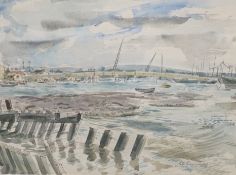 Peter Cumming R.B.A. (1916-1993) ink and watercolour, Shoreham Harbour, signed and dated 1954,