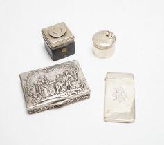 A German embossed 800 standard white metal snuff box, 87mm a silver card case, a modern silver