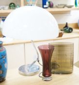 Two modern glass vases and a modernist table lamp with Perspex shade, largest 57cm high