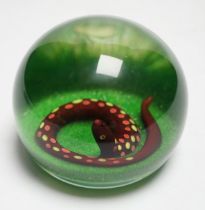 A Paul Ysart ‘aventurine snake’ glass paperweight, Harland period, ‘PY’ cane beneath, green opaque