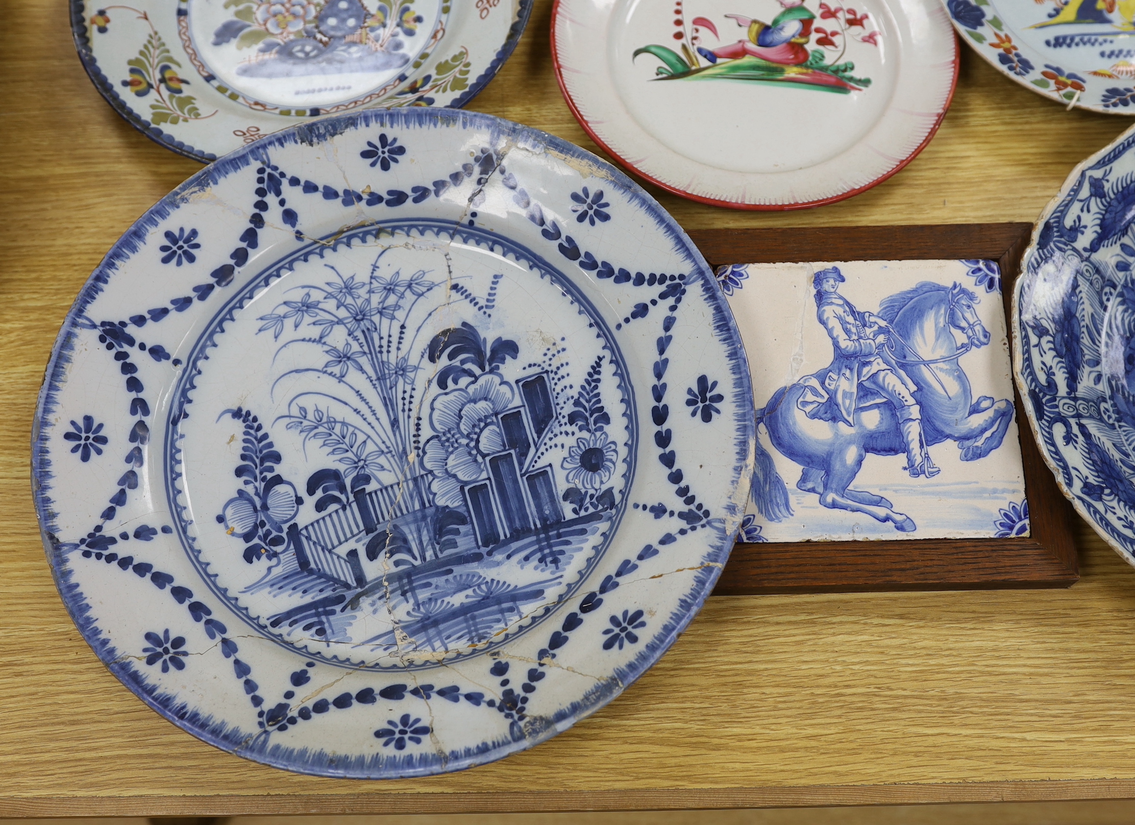 Two 18th century Delft blue and white dishes, a Delft polychrome dish, an English delftware plate, a - Image 3 of 4