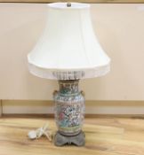 A brass mounted Chinese Canton famille rose porcelain table lamp, 81cm high
