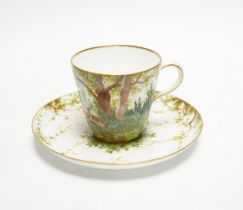 A Minton porcelain cup and saucer, painted with deer byby Edouard Rischgitz