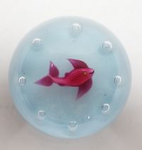 A Paul Ysart ‘fish’ glass paperweight, Harland period, opaque white ground, ‘H’ cane, paper label,