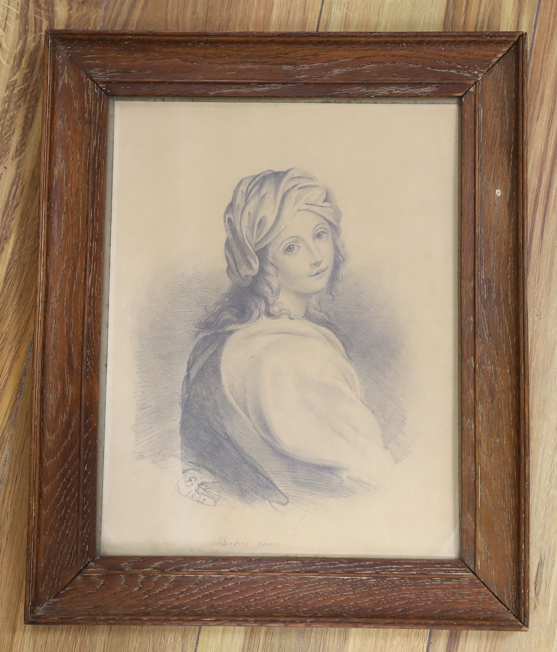 19th century School, pencil sketch, 'Beatrice Cenci', initialled E C and dated 1841, 33 x 25cm - Image 2 of 3