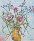 Sarah Burges (Contemporary) impasto on board, still life of flowers in a vase, signed, unframed,