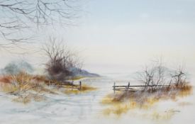 K J Mossen, watercolour, Winter rural landscape, signed, 29 x 45cm