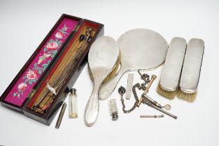 Sundry silver and other items including a four piece mirror and brush set, propelling pencils,