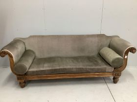 A William IV mahogany scroll arm settee, width 226cm, depth 70cm, height 80cm