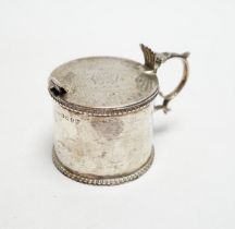 An early Victorian silver drum mustard, maker's mark rubbed, Birmingham, 1843, height 75mm, with two