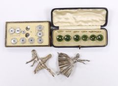 Two silver ballerina brooches, largest 7cm and two cased dress stud set including sterling and