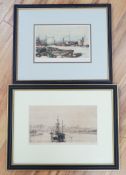 Harold Wyllie (1880-1973) etching, River boats and sailing ship, pencil signed and numbered XXI