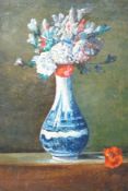 German School c.1990, oil on canvas, still life of flowers in a Delft vase, indistinctly monogrammed