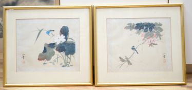 Japanese School, pair of watercolours, Birds amongst foliage, 20 x 25cm