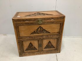 A Cantonese carved camphorwood trunk, width 91cm, depth 45cm, height 86cm