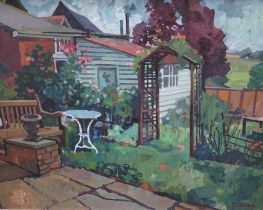 Annabel Gosling (b.1942), oil on board, Garden scene, signed, The Rowley Gallery label verso, 60 x