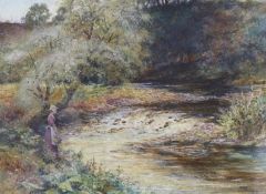 James Millar Mackay (1863-1936), watercolour, Woman beside a stream, signed, 17.5 x 24cm