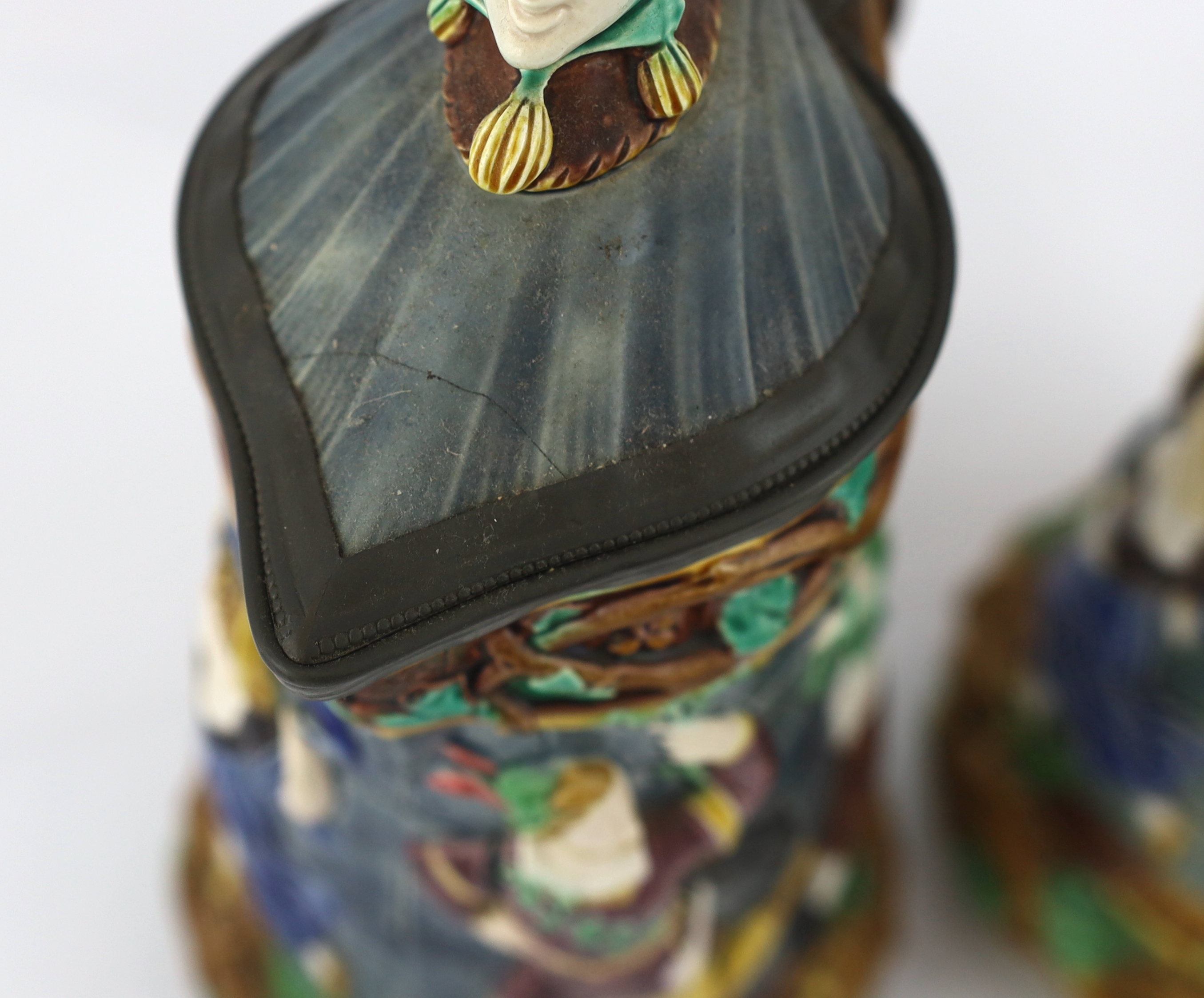 A pair of Victorian Minton majolica ‘Tower’ jugs, 33cm high - Image 3 of 9