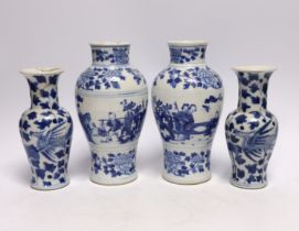 Two pairs of Chinese blue and white vases, largest 19cm high