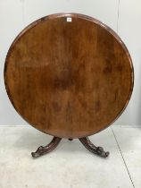 A Victorian circular tilt top rosewood breakfast table, diameter 130cm, height 75cm