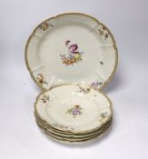 A large Meissen moulded porcelain dish and five matching plates, c.1760-70, each painted with