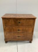 An early 19th century Continental walnut three drawer chest, width 89cm, depth 52cm, height 82cm