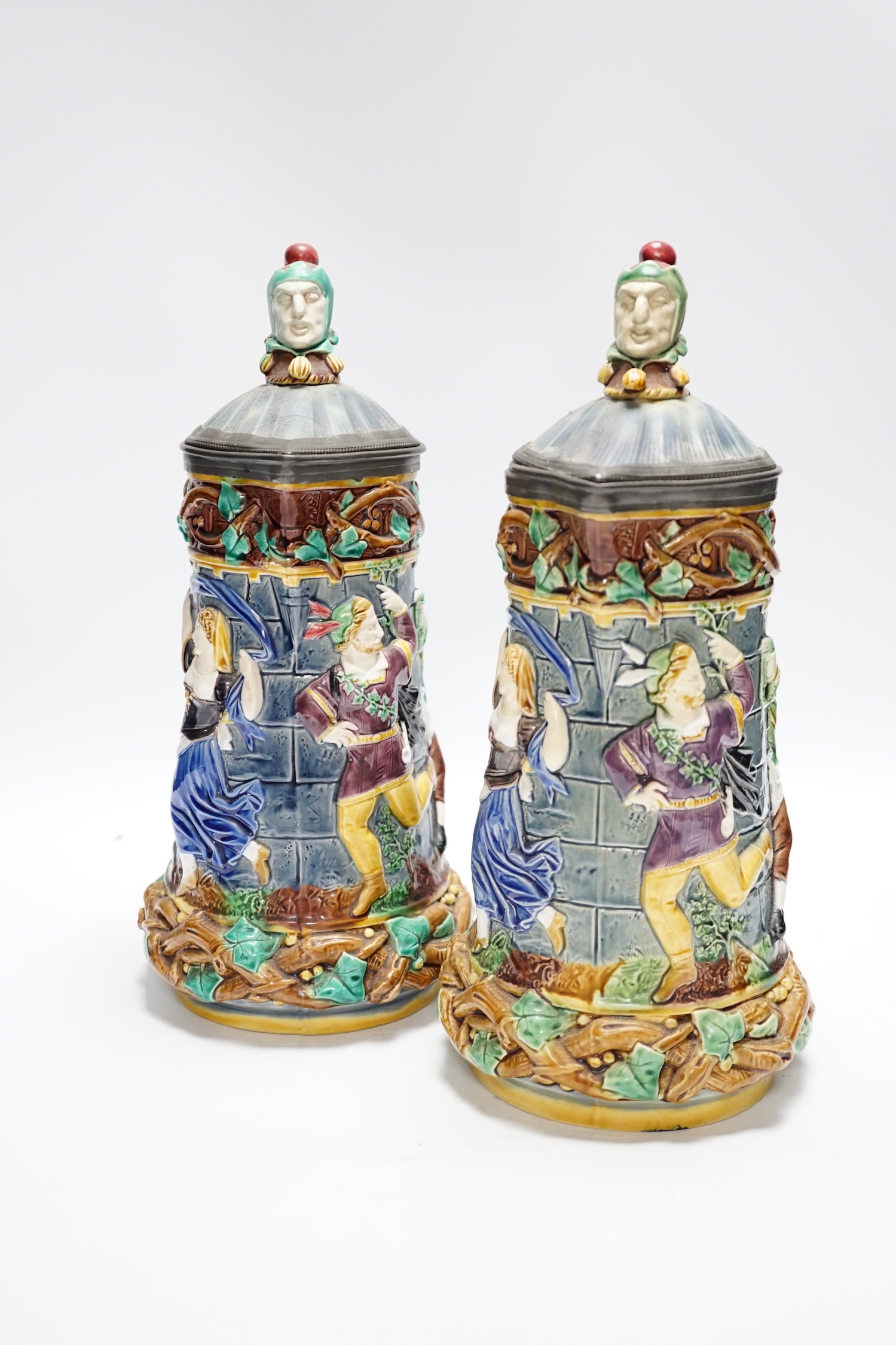 A pair of Victorian Minton majolica ‘Tower’ jugs, 33cm high - Image 7 of 9