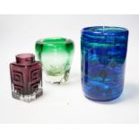 Whitefriars glass - a Greek Key pattern vase, a streaky blue vase and a 'tooth' vase, tallest 17cm