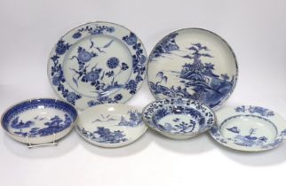 Six Chinese Export blue and white wall plates/dishes, 18th century and later, largest 22cm