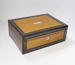 A mid 19th century London plane and ebony veneered sewing box, mother of pearl inlay, 31cm