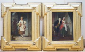 19th century German School, pair of oils on panel, Gentleman and maid and Poultry seller and