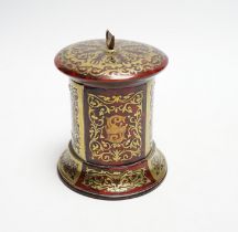 A 19th century French Boulle work cylindrical string box and cover, 12cm high