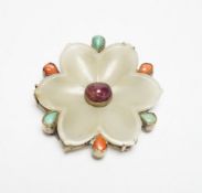 A Chinese jade and gem mounted clip, the jade flowerhead Yuan - Ming dynasty
