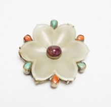 A Chinese jade and gem mounted clip, the jade flowerhead Yuan - Ming dynasty