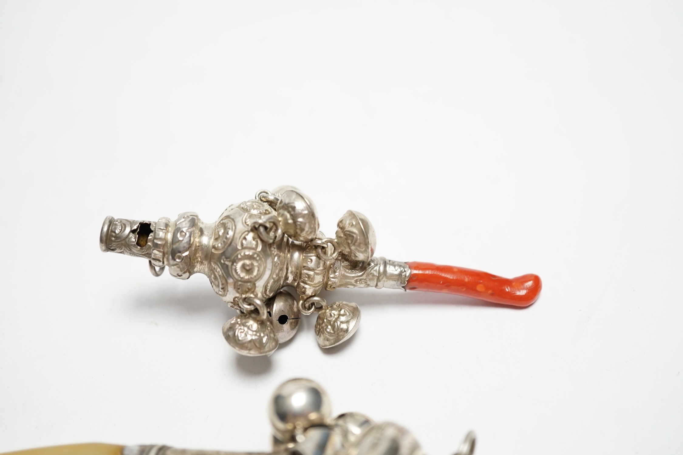 A George III child's silver rattle, with mother of pearl teether, Joseph Wilmore, Birmingham, - Image 3 of 4